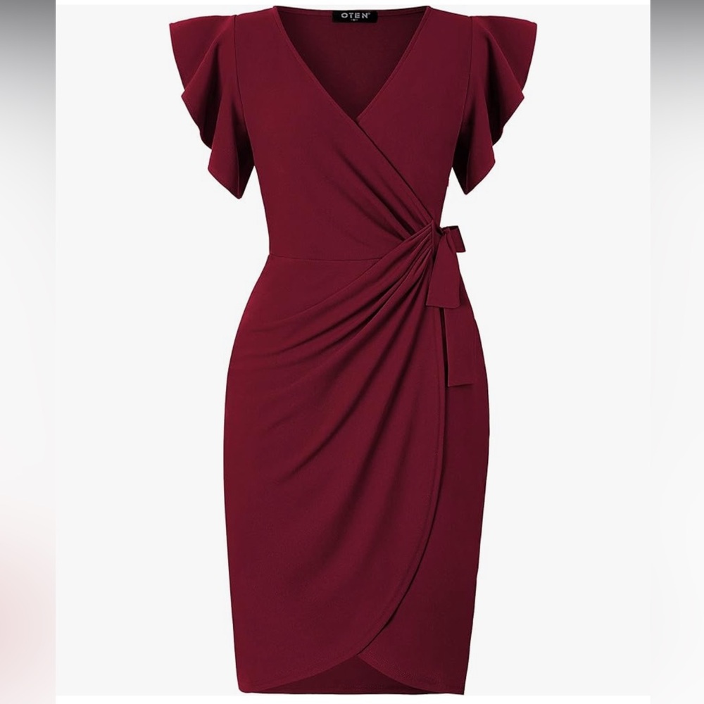 Oten Women's Burgundy V Neck Faux Wrap Ruffle Sleeve Party Work Dress Large New